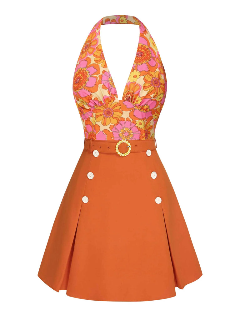 [Prévente] 2PCS haut dos nu fleuri et jupe plissée orange des années 1960