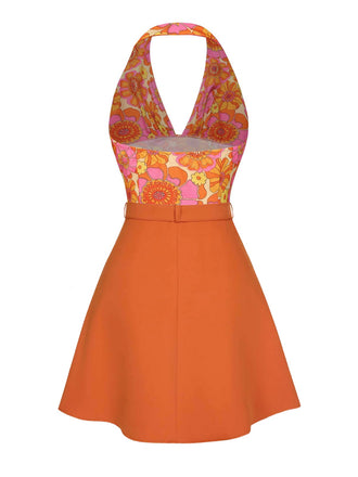 2PCS haut dos nu fleuri et jupe plissée orange des années 1960