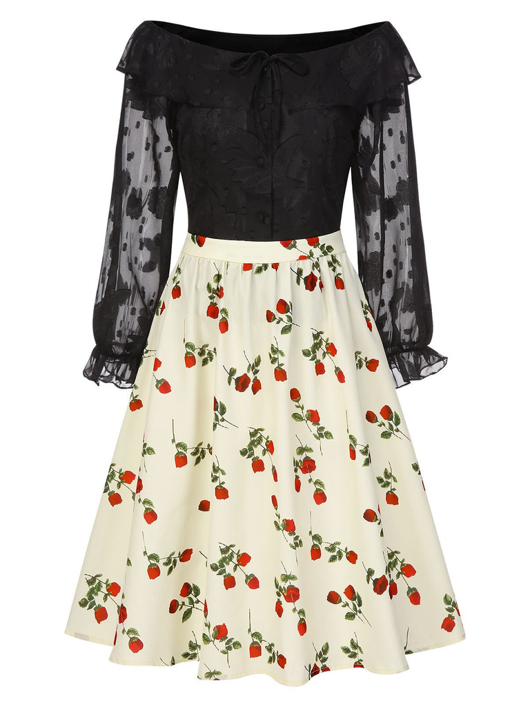 [Prévente] 2PCS Haut noire à épaules dénudées et jupe rose années 1950