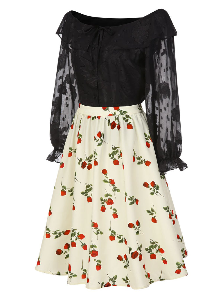 [Prévente] 2PCS Haut noire à épaules dénudées et jupe rose années 1950