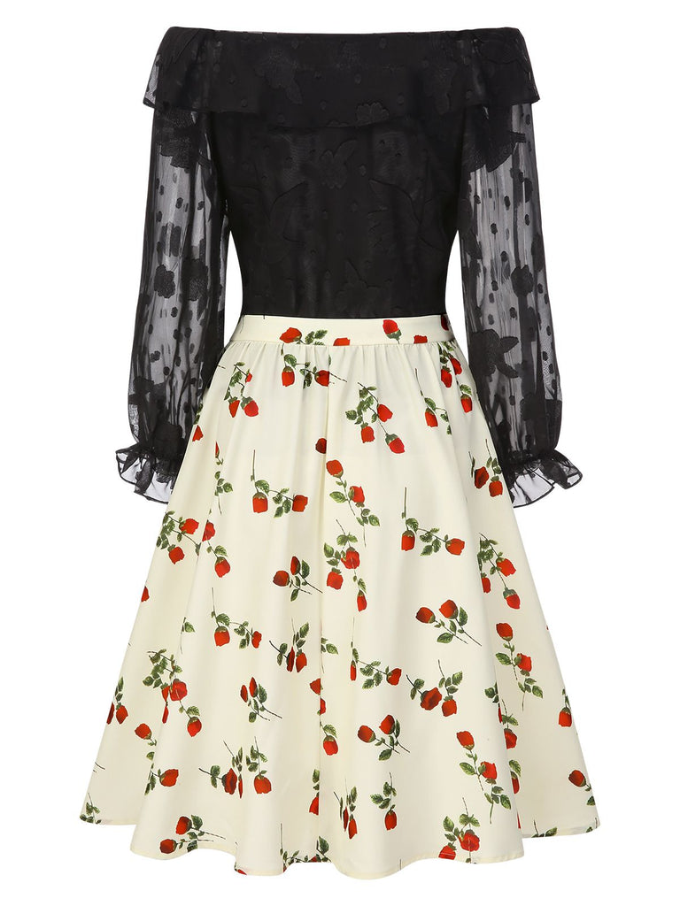 [Prévente] 2PCS Haut noire à épaules dénudées et jupe rose années 1950