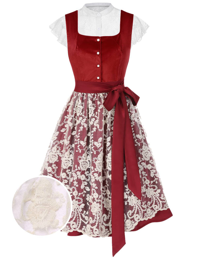 [Prévente] 3PCS robe en velours rouge à fleurs et haut blanc des années 1950