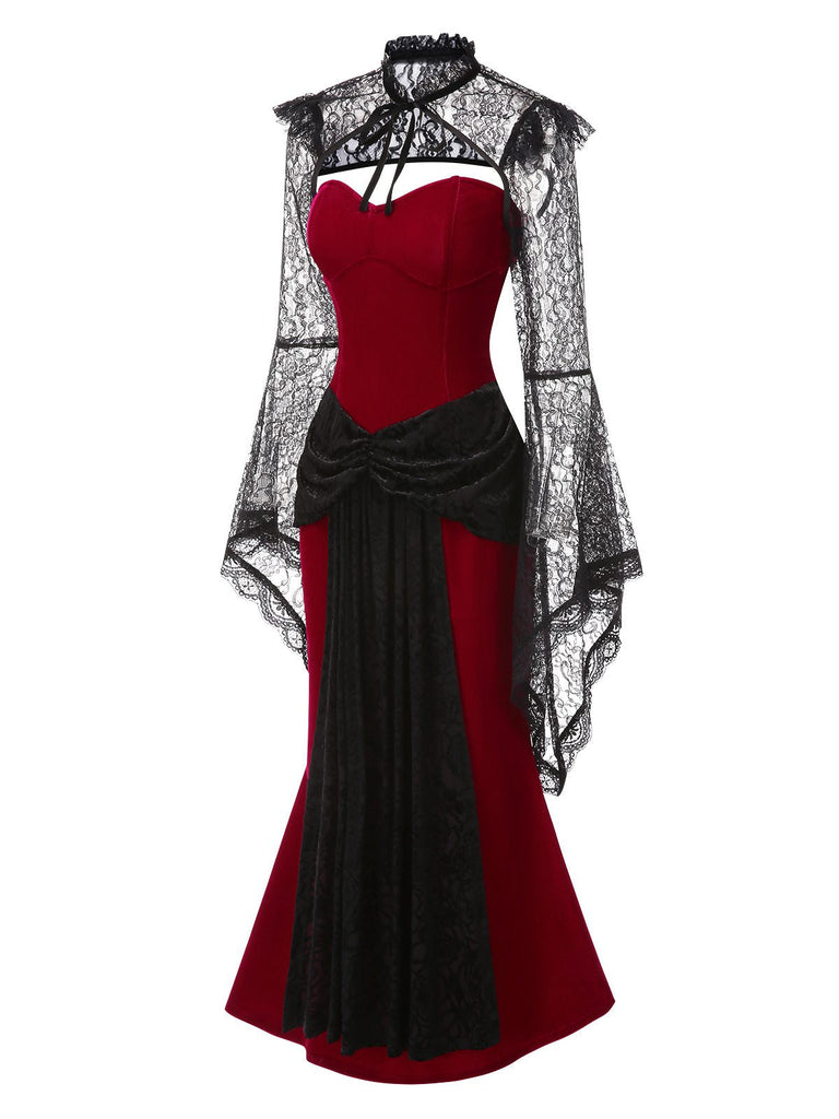 [Prévente] 2PCS Robe bandeau en velours et cape rouge et noire années 1930
