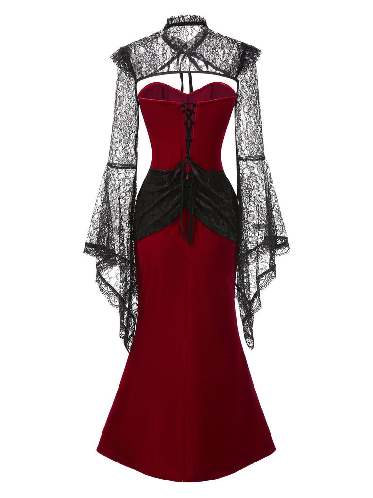 [Prévente] 2PCS Robe bandeau en velours et cape rouge et noire années 1930