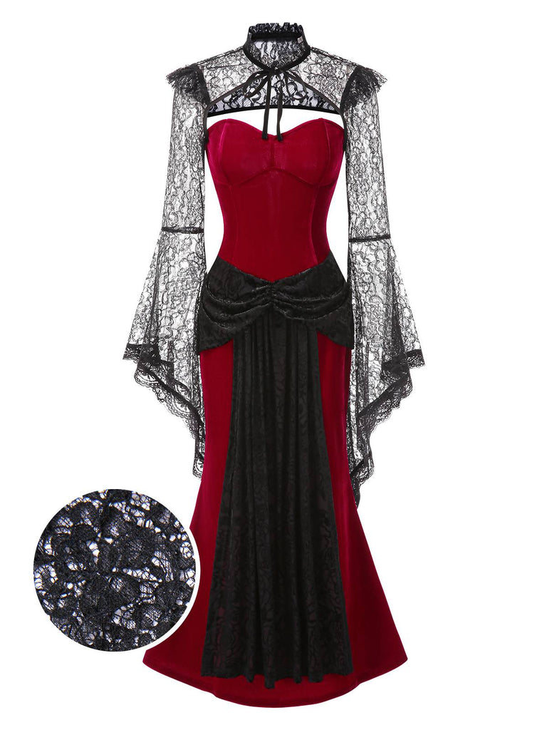 [Prévente] 2PCS Robe bandeau en velours et cape rouge et noire années 1930