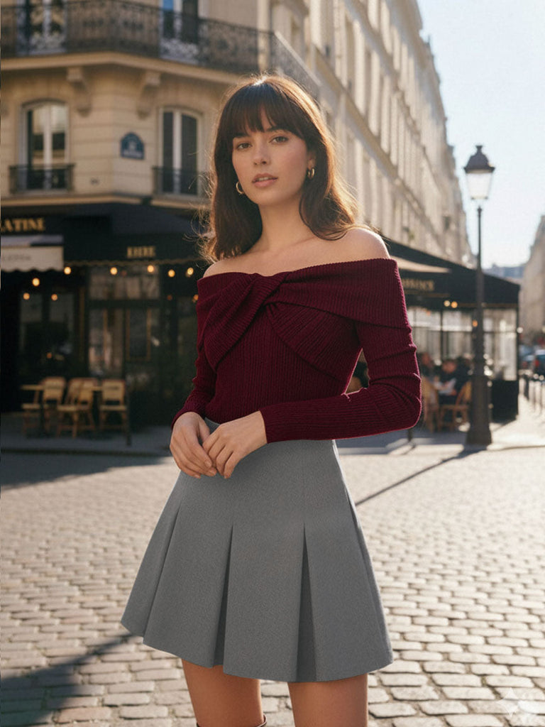[Prévente] 2PCS hauts torsadés en maille et jupe plissée rouge et gris des années 60