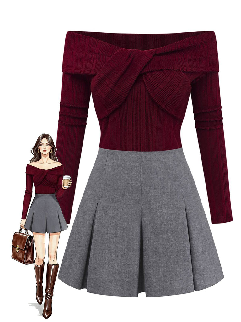 [Prévente] 2PCS hauts torsadés en maille et jupe plissée rouge et gris des années 60