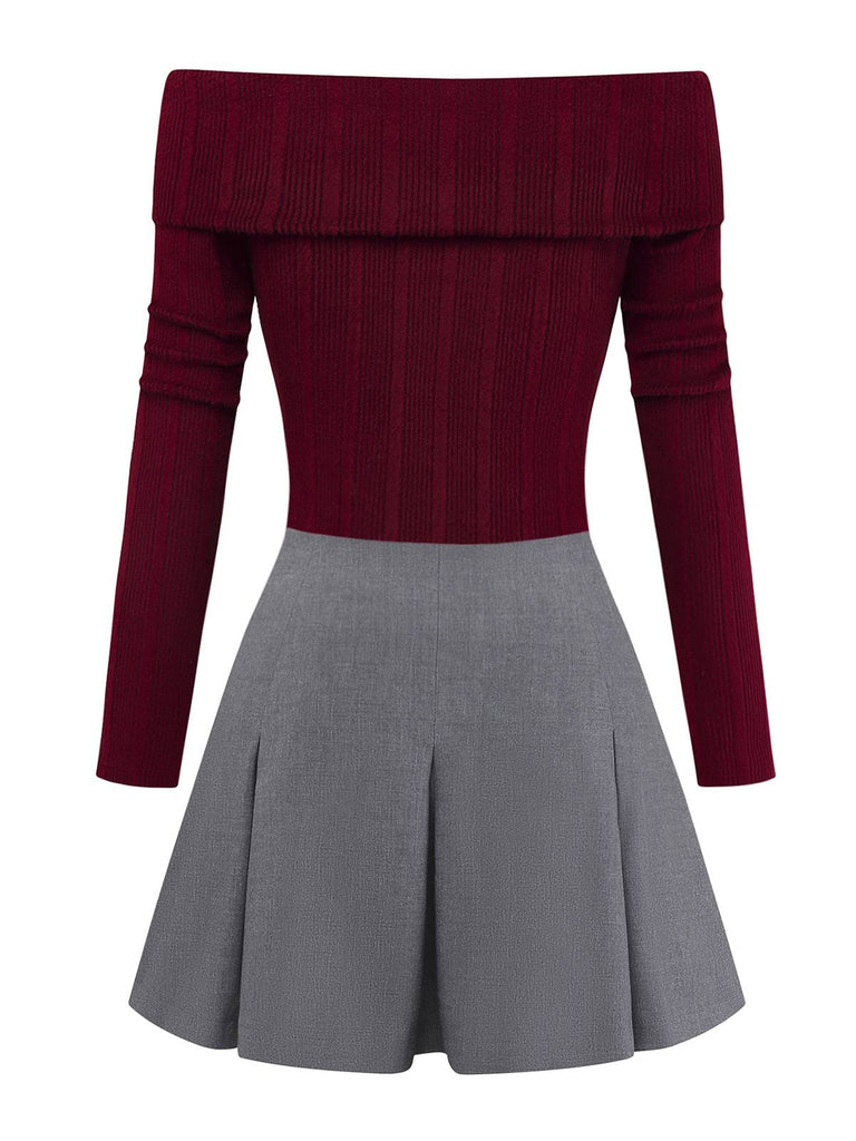 [Prévente] 2PCS hauts torsadés en maille et jupe plissée rouge et gris des années 60