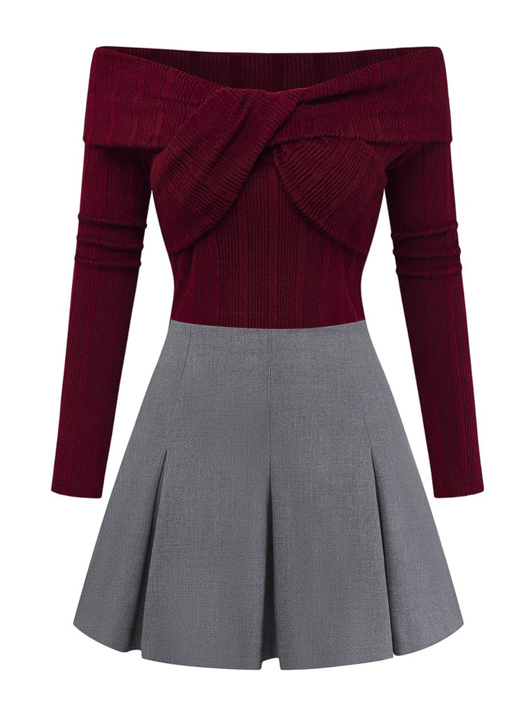 [Prévente] 2PCS hauts torsadés en maille et jupe plissée rouge et gris des années 60