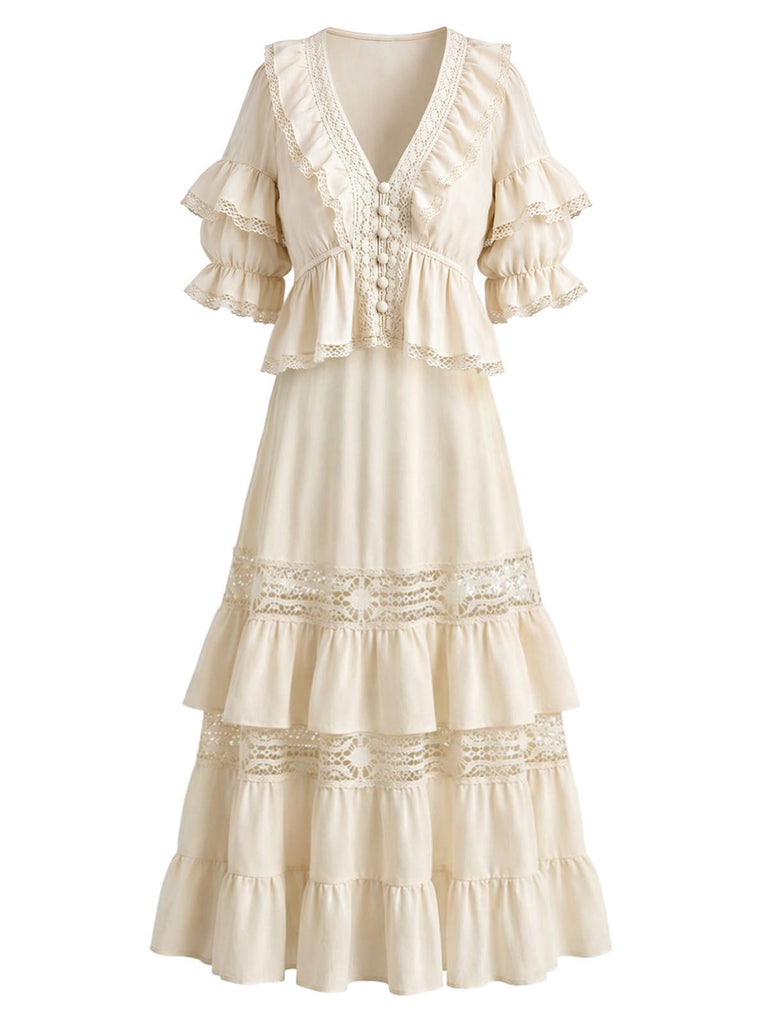 [Prévente] Ensemble 2PCS bohème beige avec blouse et jupe en dentelle à volants Années 1970