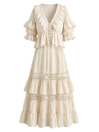 [Prévente] Ensemble 2PCS bohème beige avec blouse et jupe en dentelle à volants Années 1970