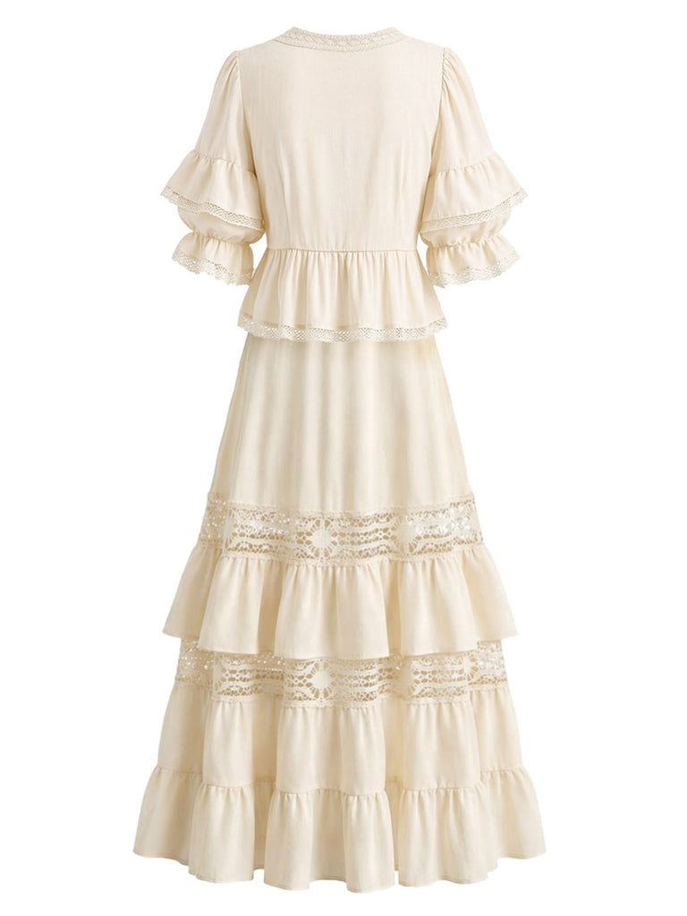[Prévente] Ensemble 2PCS bohème beige avec blouse et jupe en dentelle à volants Années 1970