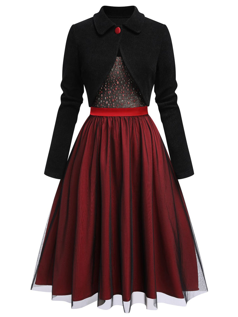2PCS Robe à bretelles rouge des années 1950 et veste courte noire