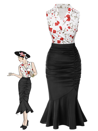 2PCS haut à fleurs blanc et jupe sirène noire des années 1930