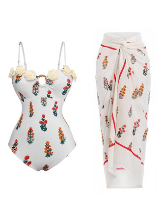 2PCS Maillot de bain à bretelles fleuries 3D et cache-maillot blanc des années 1960