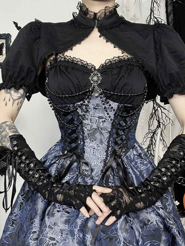 2PCS Châle et robe à lacets brodée de fleurs gothique noire et bleue des années 1980