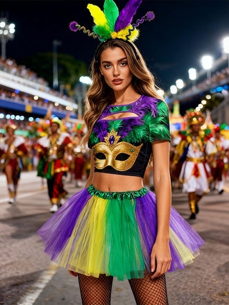 3PCS Masque de carnaval haut & jupon & bandeau découpés années 1970