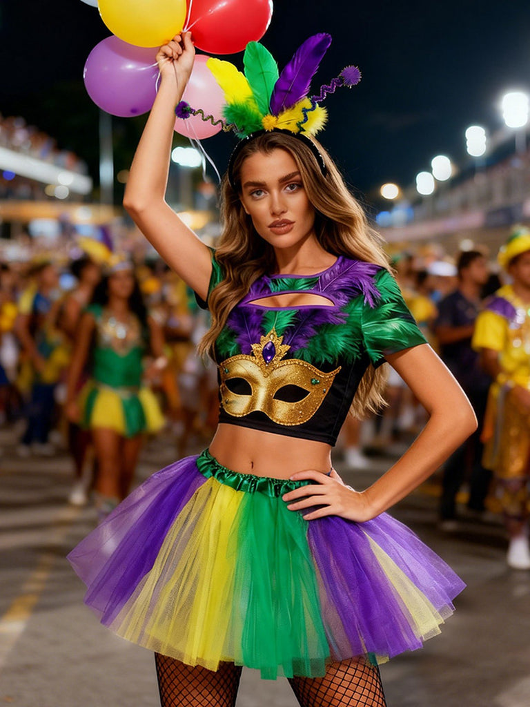 3PCS Masque de carnaval haut & jupon & bandeau découpés années 1970