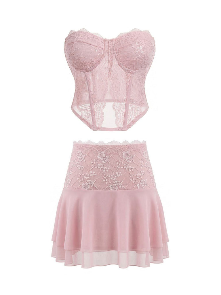2 Pièces Rose Foncé Dentelle Uni Bandeau Haut & Brodé Jupe Années 1980 3