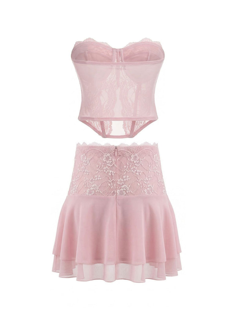 2 Pièces Rose Foncé Dentelle Uni Bandeau Haut & Brodé Jupe Années 1980 4