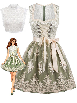 Ensemble vert clair avec robe à col carré, tablier en dentelle florale et top blanc Années 1950
