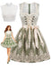 Ensemble vert clair avec robe à col carré, tablier en dentelle florale et top blanc Années 1950
