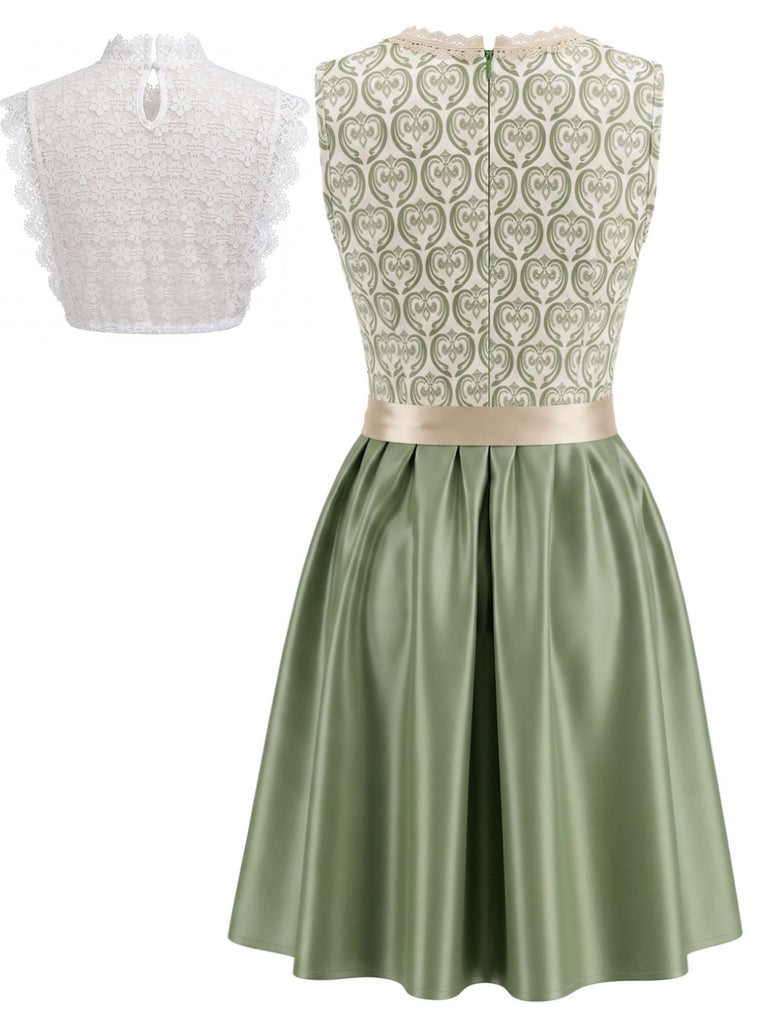 Ensemble vert clair avec robe à col carré, tablier en dentelle florale et top blanc Années 1950
