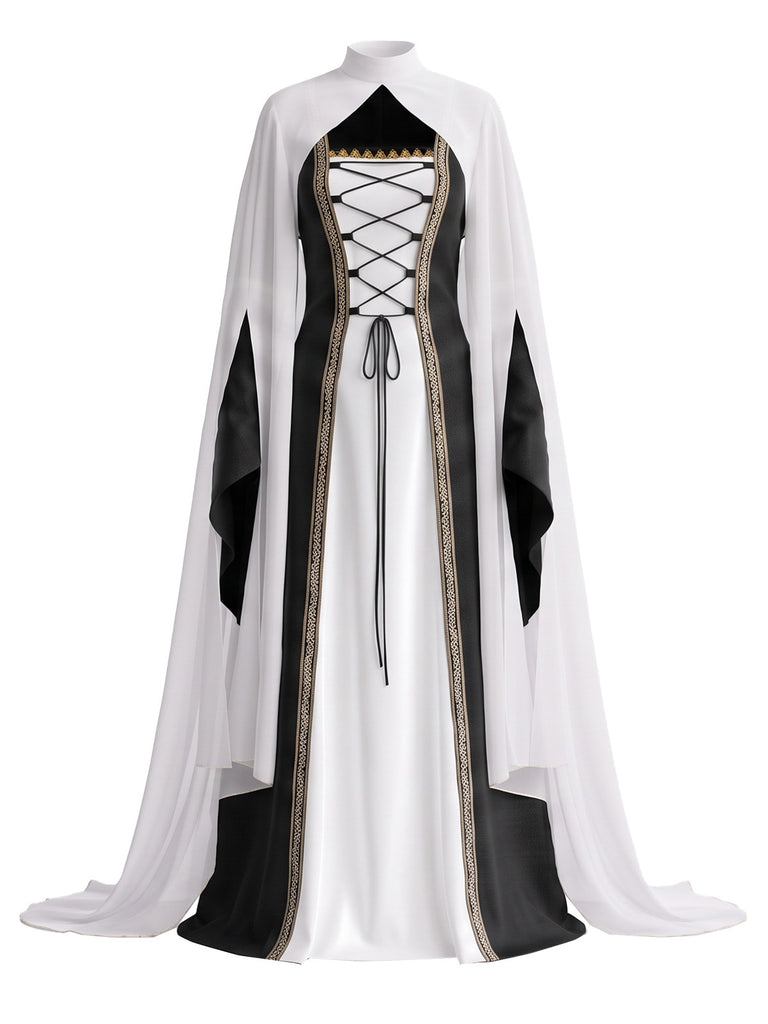 2PCS Robe de costume d'Halloween cour médiévale et châle dos nu années 1980