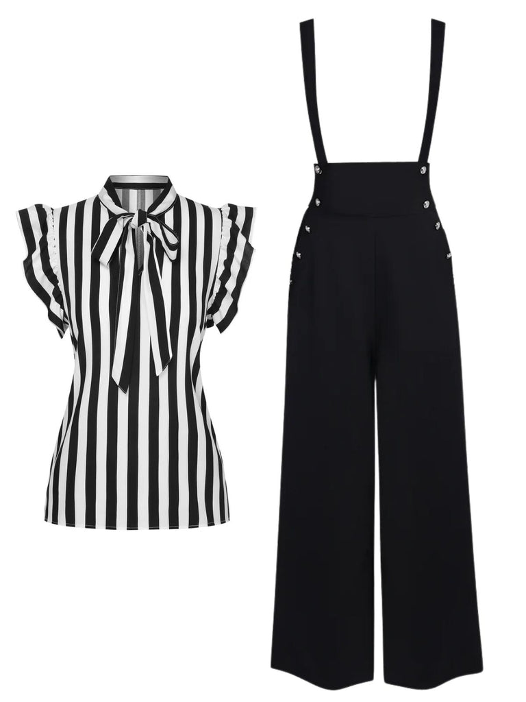 2PC Années 30 Chemisier Rayé et Pantalon à Bretelles
