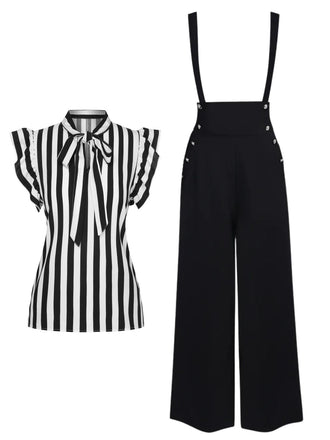 2PC Années 30 Chemisier Rayé et Pantalon à Bretelles