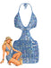 Devant : Cache-maillot de plage bleu à sequins des années 80, décolleté plongeant en V et dos nu, un modèle rétro parfait pour les amatrices de mode vintage.
