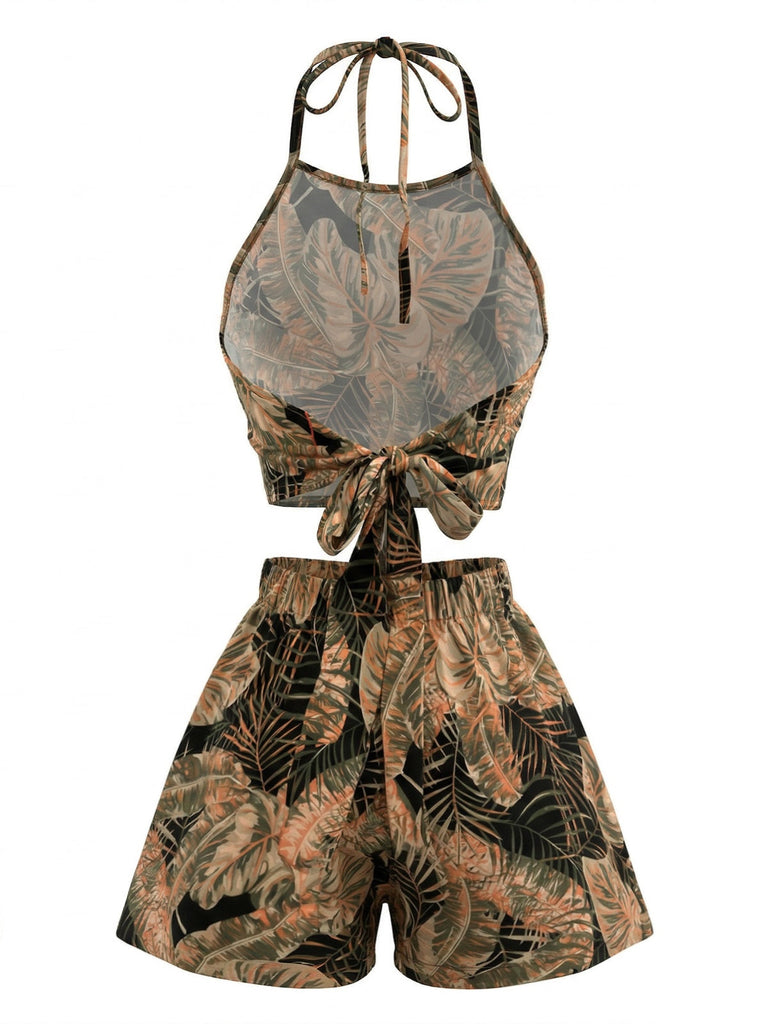 Ensemble 2 Pièces Crop Top Dos-Nu Palmiers Tropicaux & Short Taille Haute Années 1980