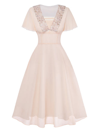 [Prévente] Champagne Dentelle Mousseline Volant Sleeve Robe de Soirée Années 1950 2