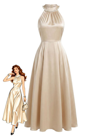 Robe Satin Perle Halter Sans Manches Champagne Années 1930