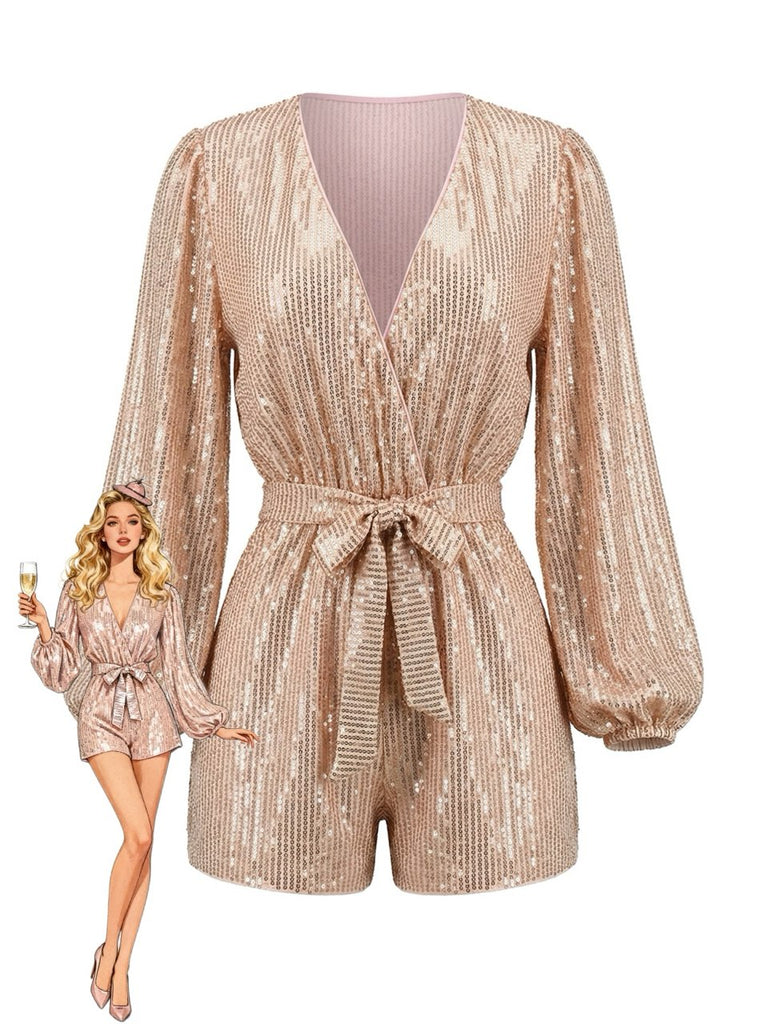 Paillettes Manches Longues Noué Waist Combishort Champagne Années 1980