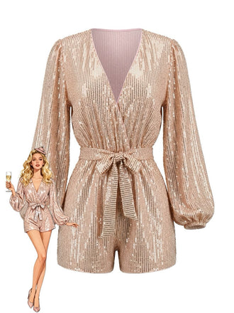 Paillettes Manches Longues Noué Waist Combishort Champagne Années 1980