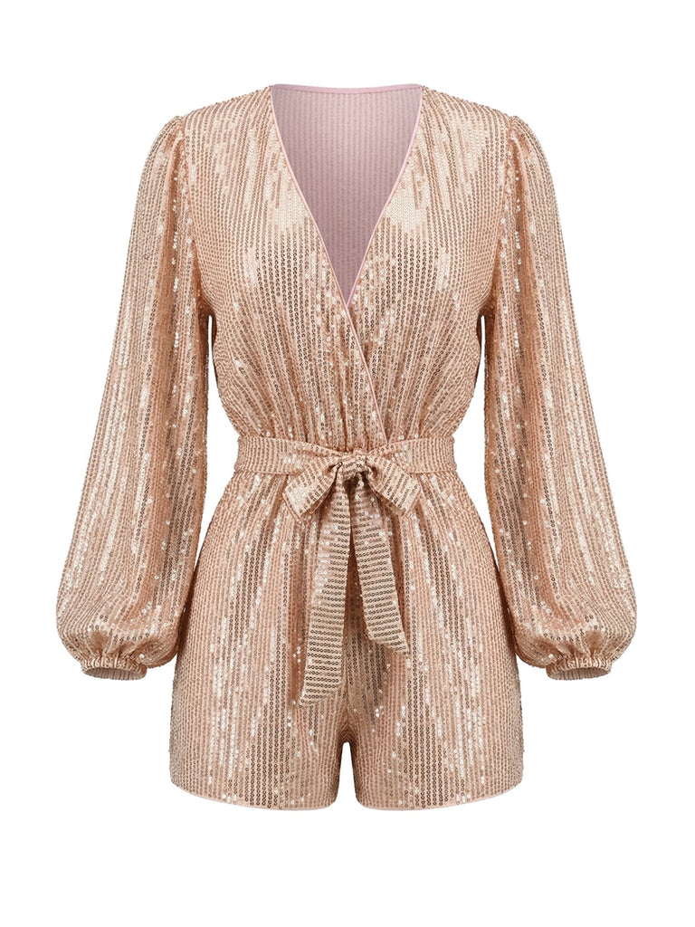 Paillettes Manches Longues Noué Waist Combishort Champagne Années 1980 2