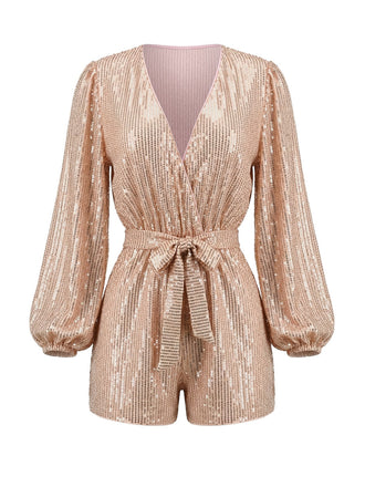 Paillettes Manches Longues Noué Waist Combishort Champagne Années 1980 2