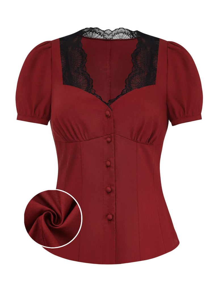 [Prévente] Chemise boutonnée à manches bouffantes en dentelle bordeaux années 1950
