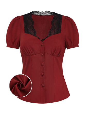 [Prévente] Chemise boutonnée à manches bouffantes en dentelle bordeaux années 1950