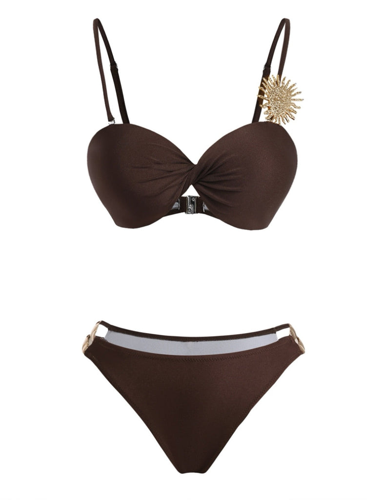 Satin Métallique Soleil à Volants Noué Ensemble Bikini Café Années 1980 3