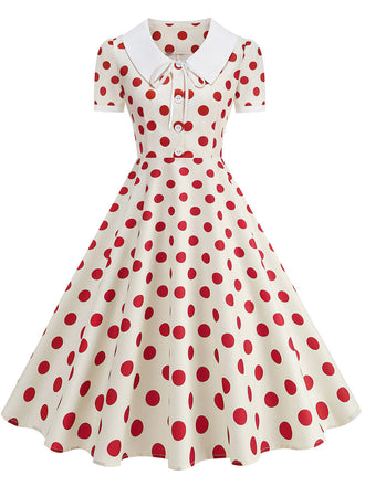 Robe Évasée Col Claudine Bicolore à Pois Années 50