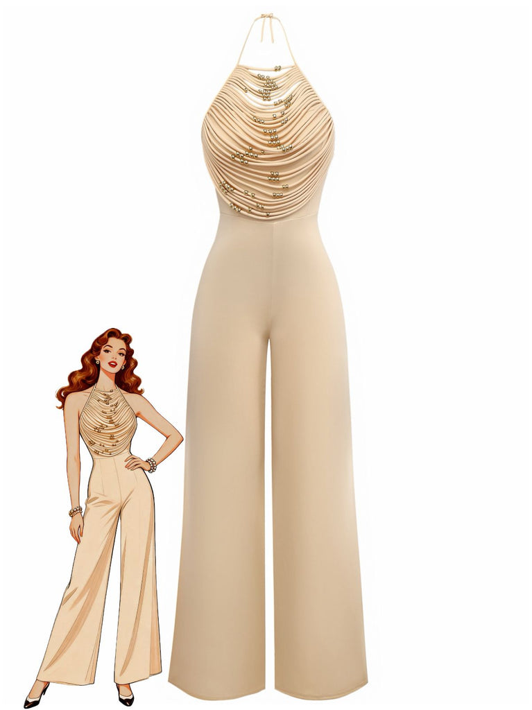 Combinaison beige à dos nu froncé et ornée perles jambes larges années 60