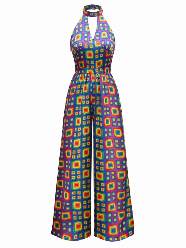 Combinaison Hippie Géométrique Col Mao Violet années 60