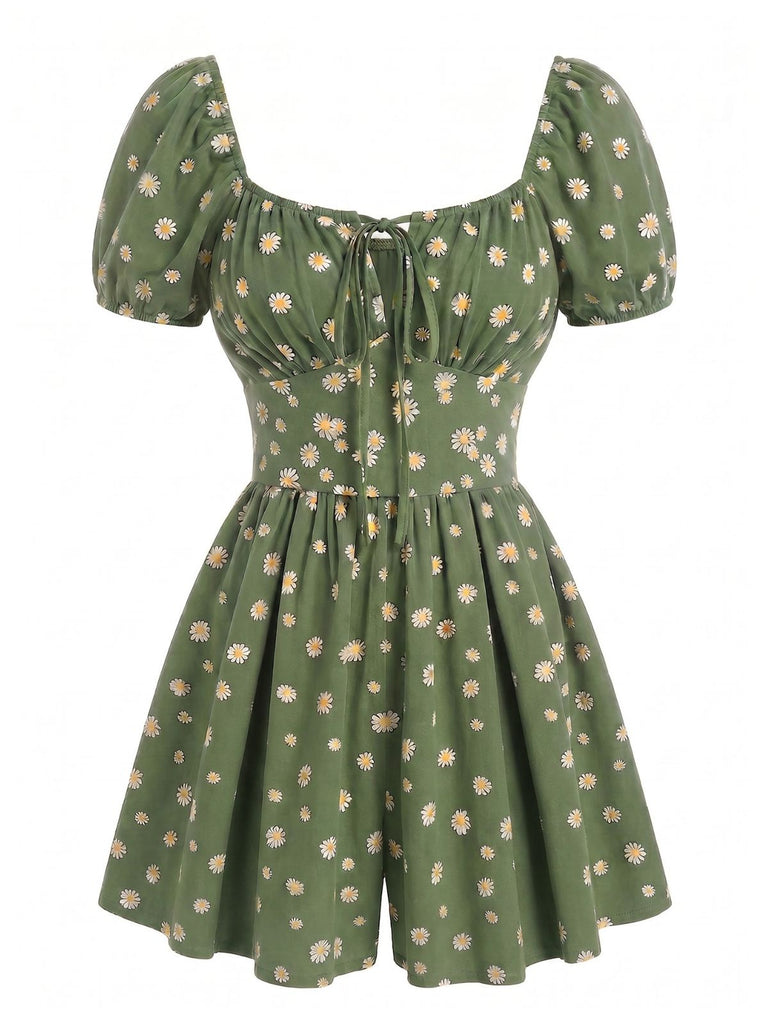 Combishort à Manches Bouffantes Marguerite Vert Années 1950
