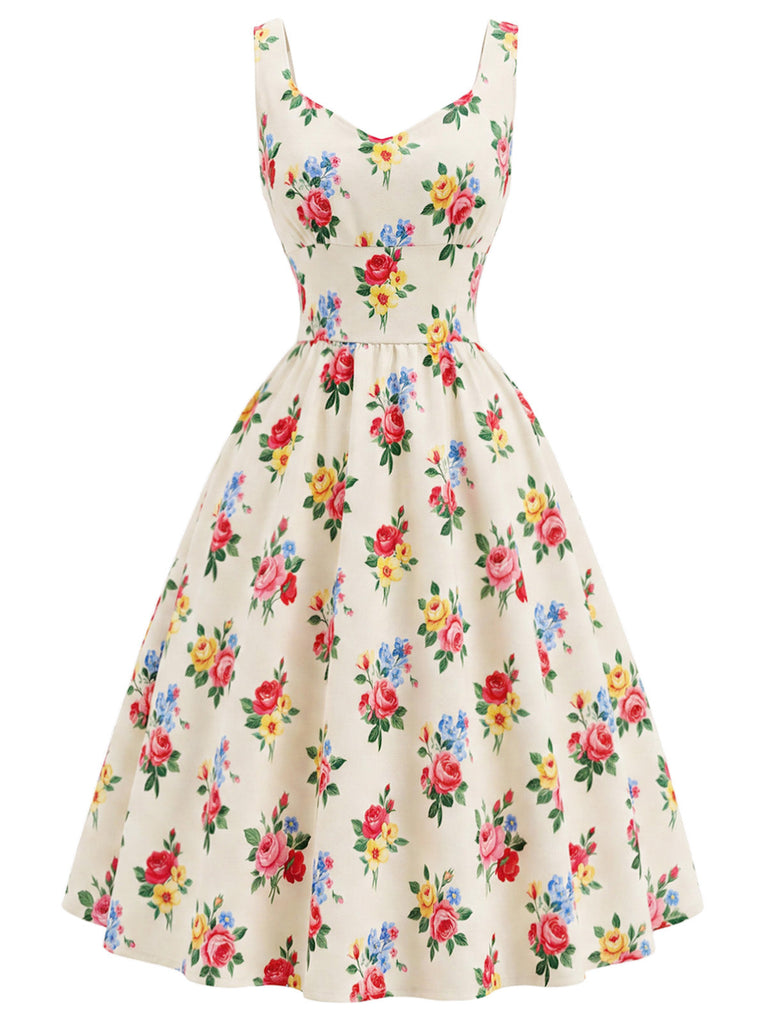 [Prévente] Robe Crème Imprimé Floral Col Carré Années 1940