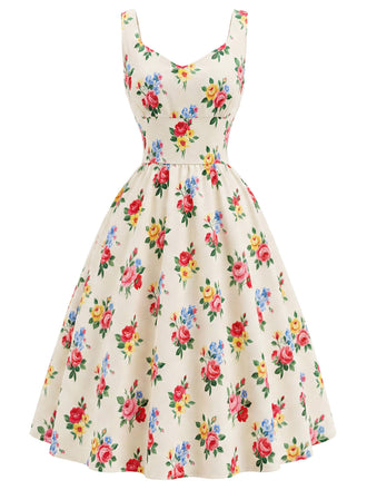 [Prévente] Robe Crème Imprimé Floral Col Carré Années 1940