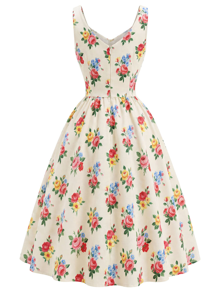 [Prévente] Robe Crème Imprimé Floral Col Carré Années 1940