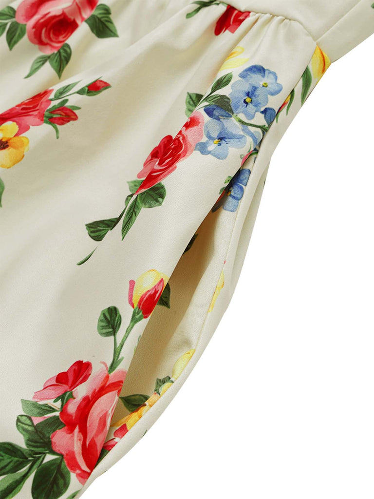 [Prévente] Robe Crème Imprimé Floral Col Carré Années 1940