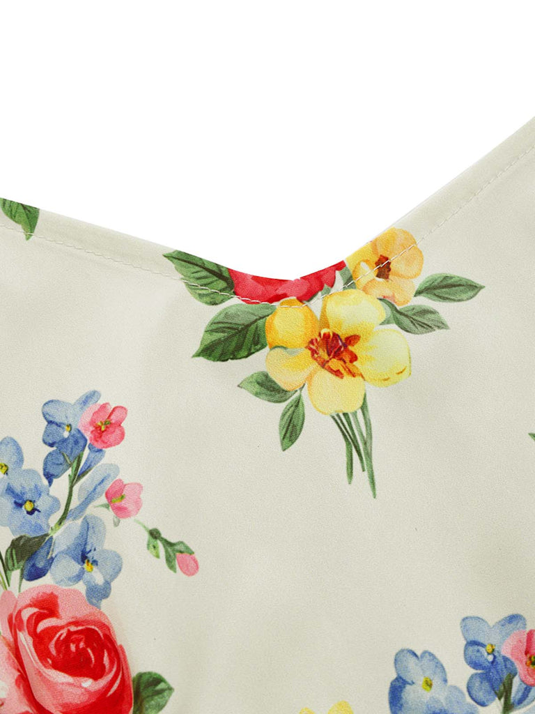 [Prévente] Robe Crème Imprimé Floral Col Carré Années 1940